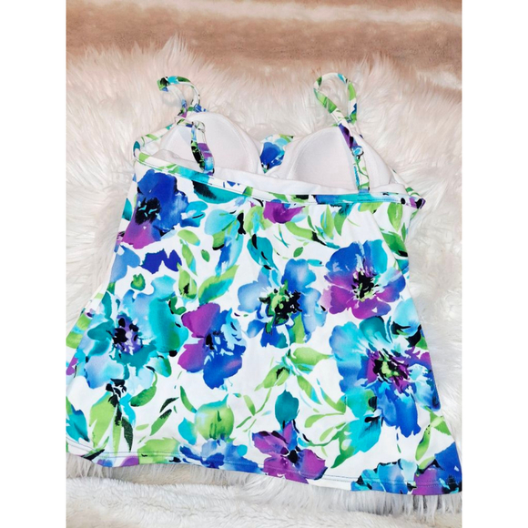 Caribbean Joe Floral Tankini Top Size 8 White Blue Green Purple - Picture 2 of 5